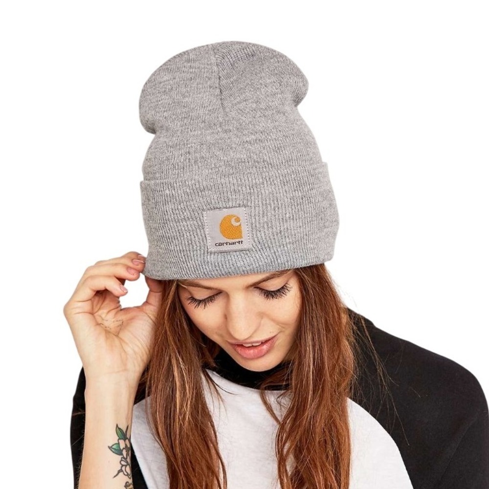Carhartt Grey Ribbed Knit Slouchy Cuff Logo Women Acrylic Watch Toque Beanie Hat